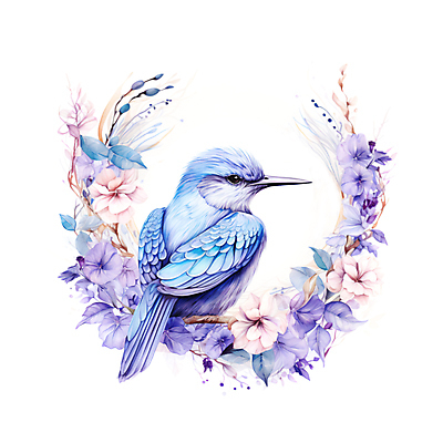 JPG 한마리 꽃 일러스트 조류 수채화 사람없음 파란색 분위기 감성 국내일러스트 AI일러스트 AI콘텐츠 식물 동물 1 컬러 컨셉 파일형식