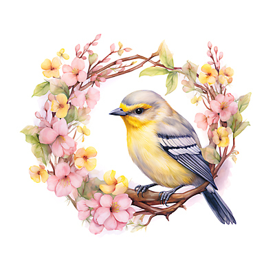 JPG 한마리 꽃 일러스트 조류 수채화 사람없음 노란색 분위기 감성 국내일러스트 AI일러스트 AI콘텐츠 식물 동물 1 컬러 컨셉 파일형식