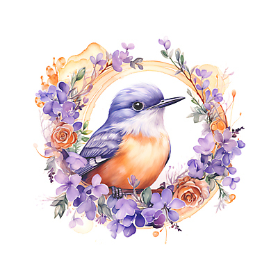 JPG 한마리 꽃 일러스트 조류 수채화 사람없음 보라색 분위기 감성 국내일러스트 AI일러스트 AI콘텐츠 식물 동물 1 컬러 컨셉 파일형식