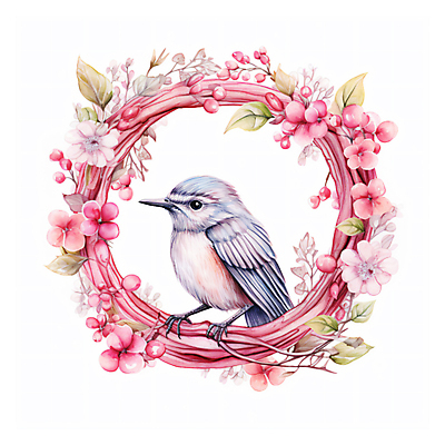 JPG 한마리 꽃 분홍색 일러스트 조류 수채화 사람없음 분위기 감성 국내일러스트 AI일러스트 AI콘텐츠 식물 동물 1 컬러 컨셉 파일형식