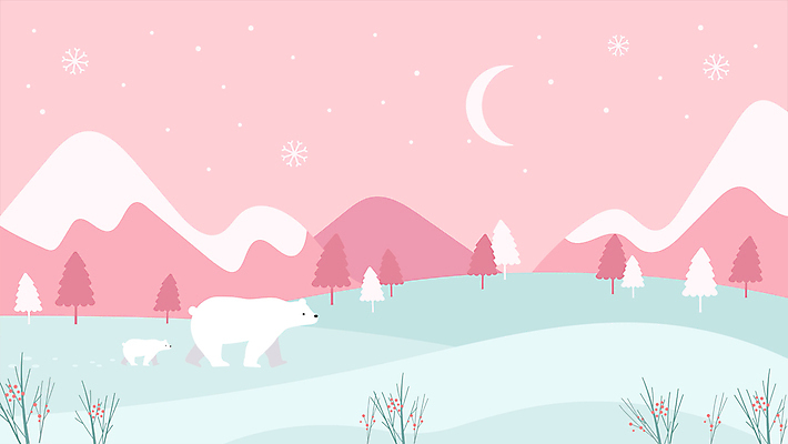 나무 동물 분홍색 백그라운드 겨울 자연 산 풍경 사람없음 달 눈 눈송이 초승달 백곰 모션그래픽 MP4 MOV 자연요소 식물 계절 컬러 곰 날씨 눈_날씨 생태계 동영상 파일형식