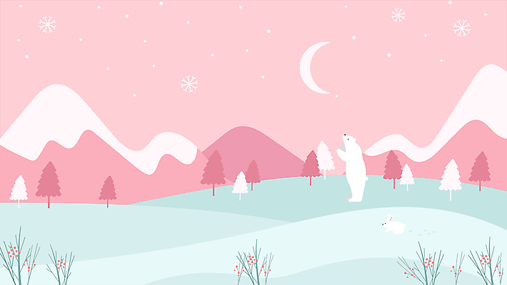 나무 동물 분홍색 백그라운드 겨울 자연 산 풍경 사람없음 설원 달 눈 토끼 눈송이 초승달 백곰 모션그래픽 MP4 MOV 자연요소 식물 계절 컬러 곰 포유류 날씨 눈_날씨 반려동물 생태계 동영상 파일형식