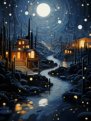 JPG 편집이미지 추상 주택 사람없음 빛 강 계단 마을 달 신비 남색 달빛 디지털합성 편집소스 이미지편집 편집실사 AI컴퓨터그래픽 AI콘텐츠 자연요소 컬러 컨셉 무늬 건물 CG 파일형식