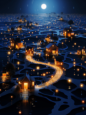 JPG 편집이미지 길 추상 주택 사람없음 빛 마을 달 신비 남색 달빛 디지털합성 편집소스 이미지편집 편집실사 AI컴퓨터그래픽 AI콘텐츠 자연요소 컬러 컨셉 무늬 건물 CG 파일형식