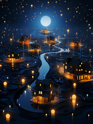 JPG 편집이미지 추상 주택 사람없음 빛 강 마을 달 신비 남색 달빛 디지털합성 편집소스 이미지편집 편집실사 AI컴퓨터그래픽 AI콘텐츠 자연요소 컬러 컨셉 무늬 건물 CG 파일형식