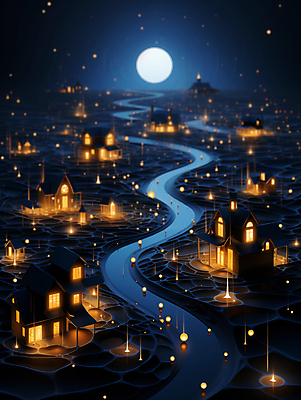 JPG 편집이미지 추상 주택 사람없음 빛 강 마을 달 신비 남색 달빛 디지털합성 편집소스 이미지편집 편집실사 AI컴퓨터그래픽 AI콘텐츠 자연요소 컬러 컨셉 무늬 건물 CG 파일형식