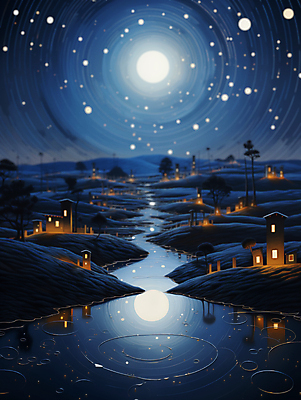 JPG 편집이미지 추상 주택 사람없음 빛 강 반사 마을 달 신비 남색 달빛 디지털합성 편집소스 이미지편집 편집실사 AI컴퓨터그래픽 AI콘텐츠 자연요소 컬러 컨셉 무늬 건물 CG 파일형식