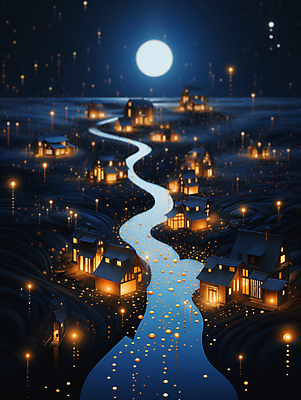 JPG 편집이미지 추상 주택 사람없음 빛 강 마을 달 신비 남색 달빛 디지털합성 편집소스 이미지편집 편집실사 AI컴퓨터그래픽 AI콘텐츠 자연요소 컬러 컨셉 무늬 건물 CG 파일형식