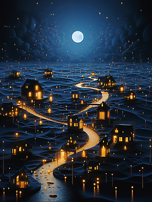 JPG 편집이미지 추상 주택 사람없음 빛 강 마을 달 신비 남색 달빛 디지털합성 편집소스 이미지편집 편집실사 AI컴퓨터그래픽 AI콘텐츠 자연요소 컬러 컨셉 무늬 건물 CG 파일형식