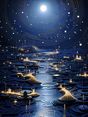 JPG 편집이미지 추상 주택 사람없음 빛 달 신비 남색 달빛 디지털합성 편집소스 이미지편집 편집실사 AI컴퓨터그래픽 AI콘텐츠 자연요소 컬러 컨셉 무늬 건물 CG 파일형식