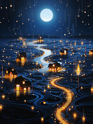 JPG 편집이미지 길 추상 주택 사람없음 빛 강 마을 달 신비 남색 달빛 디지털합성 편집소스 이미지편집 편집실사 AI컴퓨터그래픽 AI콘텐츠 자연요소 컬러 컨셉 무늬 건물 CG 파일형식