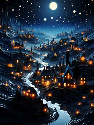 JPG 편집이미지 추상 주택 사람없음 빛 강 마을 달 신비 남색 달빛 디지털합성 편집소스 편집실사 AI컴퓨터그래픽 AI콘텐츠 자연요소 컬러 컨셉 무늬 건물 CG 파일형식
