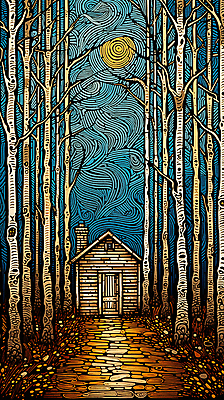 JPG 나무 편집이미지 길 하늘 풍경 사람없음 태양 빈티지 숲 오두막 디지털합성 판화 편집소스 편집실사 자연요소 식물 컨셉 미술 CG 파일형식