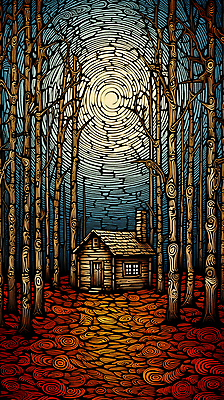 JPG 나무 편집이미지 낙엽 하늘 풍경 사람없음 태양 빈티지 숲 오두막 디지털합성 판화 편집소스 편집실사 자연요소 식물 컨셉 잎 미술 CG 파일형식