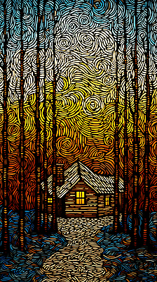 JPG 나무 편집이미지 길 하늘 풍경 사람없음 노을 빈티지 숲 오두막 디지털합성 판화 편집소스 편집실사 자연요소 식물 컨셉 미술 CG 파일형식