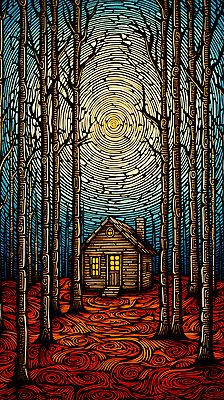 JPG 나무 편집이미지 낙엽 하늘 풍경 사람없음 태양 빈티지 숲 오두막 디지털합성 판화 편집소스 편집실사 자연요소 식물 컨셉 잎 미술 CG 파일형식