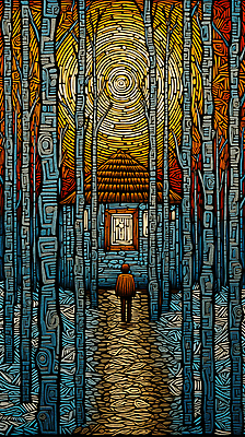 JPG 전신 나무 편집이미지 길 하늘 한명 풍경 성인 뒷모습 태양 빈티지 숲 오두막 디지털합성 판화 성인한명만 편집소스 편집실사 자연요소 식물 1 뷰포인트 컨셉 미술 사람 CG 성인만 파일형식