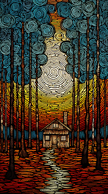 JPG 나무 편집이미지 길 하늘 나뭇잎 풍경 사람없음 태양 빈티지 숲 오두막 디지털합성 판화 편집소스 편집실사 자연요소 식물 컨셉 잎 미술 CG 파일형식