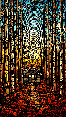 JPG 나무 편집이미지 길 낙엽 하늘 풍경 사람없음 태양 빈티지 숲 오두막 디지털합성 판화 편집소스 편집실사 자연요소 식물 컨셉 잎 미술 CG 파일형식