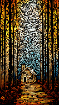 JPG 나무 편집이미지 길 낙엽 하늘 풍경 사람없음 빈티지 숲 오두막 디지털합성 판화 편집소스 편집실사 식물 컨셉 잎 미술 CG 파일형식