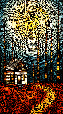 JPG 나무 편집이미지 길 하늘 풍경 사람없음 태양 빈티지 숲 오두막 디지털합성 판화 편집소스 편집실사 자연요소 식물 컨셉 미술 CG 파일형식