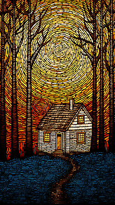 JPG 나무 편집이미지 길 하늘 풍경 사람없음 태양 빈티지 숲 오두막 디지털합성 판화 편집소스 편집실사 자연요소 식물 컨셉 미술 CG 파일형식