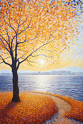 JPG 길 바다 백그라운드 단풍 일러스트 단풍나무 해변 사람없음 건물 태양 가을풍경 가을 도시 점묘화 국내일러스트 AI일러스트 AI콘텐츠 자연요소 나무 건축물 계절 잎 미술 풍경 파일형식 가을_계절