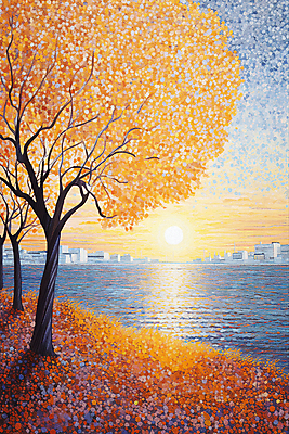 JPG 바다 백그라운드 단풍 일러스트 단풍나무 해변 사람없음 건물 태양 가을풍경 가을 도시 점묘화 국내일러스트 AI일러스트 AI콘텐츠 자연요소 나무 건축물 계절 잎 미술 풍경 파일형식 가을_계절