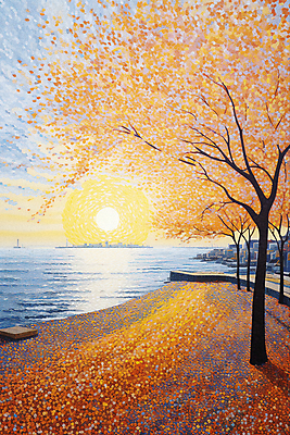 JPG 바다 백그라운드 단풍 일러스트 단풍나무 해변 사람없음 건물 태양 가을풍경 가을 도시 점묘화 국내일러스트 AI일러스트 AI콘텐츠 자연요소 나무 건축물 계절 잎 미술 풍경 파일형식 가을_계절