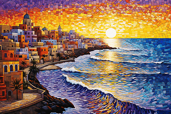 JPG 배너 바다 백그라운드 일러스트 해변 사람없음 건물 도시풍경 태양 도시 분위기 해안도시 윤슬 점묘화 국내일러스트 AI일러스트 AI콘텐츠 자연요소 건축물 물결 컨셉 미술 풍경 파일형식