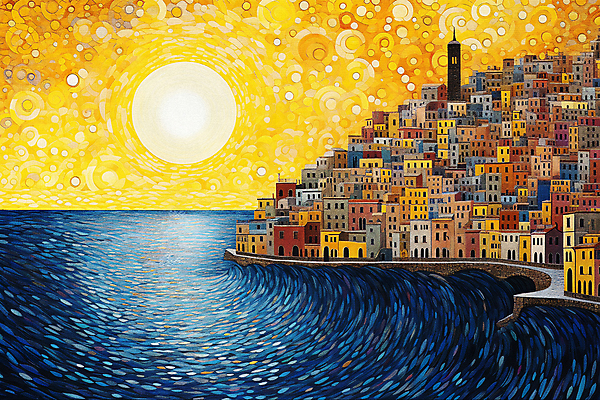 JPG 배너 바다 백그라운드 일러스트 해변 사람없음 건물 도시풍경 태양 도시 분위기 해안도시 윤슬 점묘화 국내일러스트 AI일러스트 AI콘텐츠 자연요소 건축물 물결 컨셉 미술 풍경 파일형식