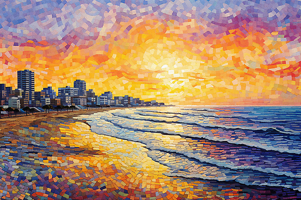 JPG 배너 바다 백그라운드 일러스트 해변 사람없음 건물 도시풍경 태양 일몰 도시 분위기 해안도시 윤슬 점묘화 국내일러스트 AI일러스트 AI콘텐츠 자연요소 건축물 물결 컨셉 미술 풍경 노을 파일형식