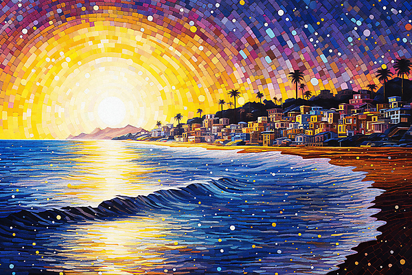 JPG 배너 바다 백그라운드 일러스트 해변 사람없음 건물 도시풍경 태양 일몰 도시 분위기 해안도시 윤슬 점묘화 국내일러스트 AI일러스트 AI콘텐츠 자연요소 건축물 물결 컨셉 미술 풍경 노을 파일형식