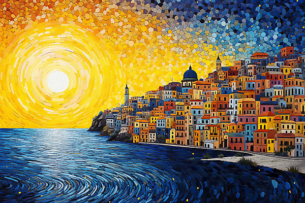 JPG 배너 바다 백그라운드 일러스트 해변 사람없음 건물 도시풍경 태양 일몰 도시 분위기 해안도시 윤슬 점묘화 국내일러스트 AI일러스트 AI콘텐츠 자연요소 건축물 물결 컨셉 미술 풍경 노을 파일형식