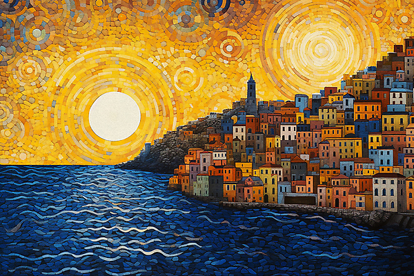 JPG 배너 바다 백그라운드 일러스트 해변 사람없음 건물 도시풍경 태양 도시 분위기 해안도시 윤슬 점묘화 국내일러스트 AI일러스트 AI콘텐츠 자연요소 건축물 물결 컨셉 미술 풍경 파일형식