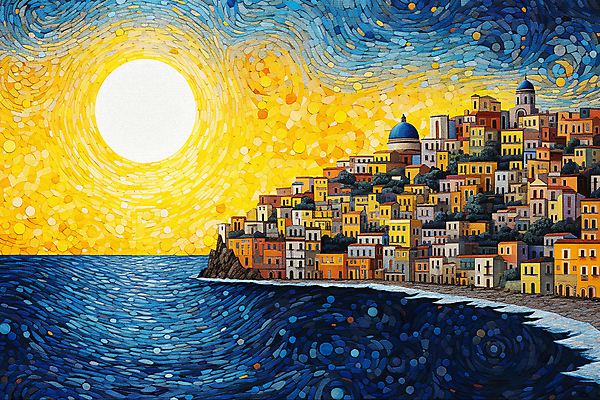 JPG 배너 바다 백그라운드 일러스트 해변 사람없음 건물 도시풍경 태양 일몰 도시 분위기 해안도시 윤슬 점묘화 국내일러스트 AI일러스트 AI콘텐츠 자연요소 건축물 물결 컨셉 미술 풍경 노을 파일형식