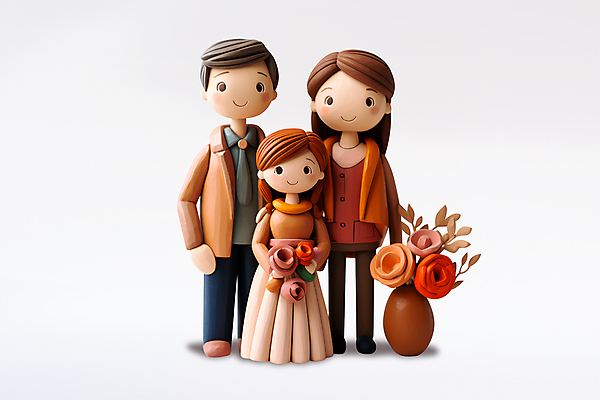 PSD 편집이미지 여자 남자 꽃 가족 엄마 들기 소녀 성인 세명 꽃병 아빠 클레이아트 이미지편집 식물 어린이 관계 모션 사람 공예 점토 파일형식