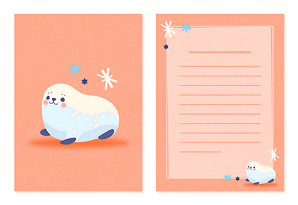 PSD 동물캐릭터 겨울 일러스트 사람없음 귀여움 주황색 북극 편지지 심플 하프물범 일러캐릭터 카드프레임 동물 캐릭터 계절 컬러 컨셉 포유류 프레임 편지 극지방 파일형식