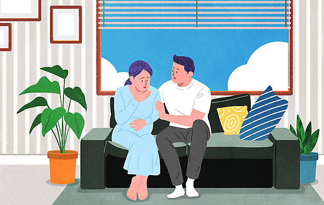 전신 PSD 부부 여자 남자 화분 액자 쿠션 일러스트 창문 가족 앉기 성인 두명 소파 임산부 임신 블라인드 걱정 입덧 구역질 성인만 국내일러스트 커플 감정 의자 관계 모션 사람 커튼 구토 파일형식