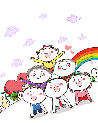 전신 PSD 구름 여자 남자 행복 어린이 무지개 일러스트 가정 협력 대가족 함께함 사랑 가족애 소녀 소년 여러명 성인 건물 만세 하트 도움 무릎꿇기 화합 인간탑쌓기 성인만 국내일러스트 자연요소 모양 건축물 감정 다수 컨셉 가족 모션 사람 파일형식
