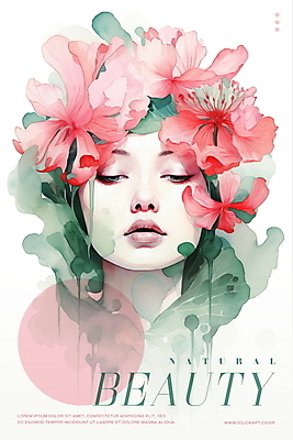 PSD 여자 꽃 분홍색 일러스트 붓터치 수채화 한명 상반신 성인 초록색 화장 뷰티 눈감음 흐름 원형 번짐 초상화 성인여자한명만 국내일러스트 도형 식물 1 컬러 컨셉 모션 사람 그림 여자한명만 성인여자만 파일형식 효과