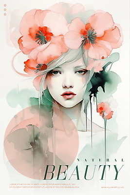 PSD 응시 여자 꽃 일러스트 붓터치 수채화 한명 상반신 성인 초록색 화장 뷰티 흐름 원형 번짐 초상화 성인여자한명만 코랄 국내일러스트 도형 식물 1 시선 컬러 컨셉 사람 그림 여자한명만 성인여자만 파일형식 효과