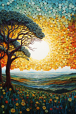 JPG 나무 꽃 백그라운드 꽃밭 일러스트 풍경 초원 사람없음 태양 일몰 풀 점묘화 국내일러스트 AI일러스트 AI콘텐츠 자연요소 식물 미술 노을 파일형식