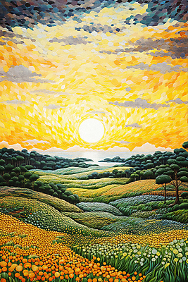 JPG 나무 구름 꽃 백그라운드 꽃밭 일러스트 풍경 초원 사람없음 태양 일몰 풀 점묘화 국내일러스트 AI일러스트 AI콘텐츠 자연요소 식물 미술 노을 파일형식