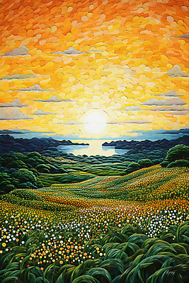 JPG 나무 구름 꽃 바다 백그라운드 꽃밭 일러스트 풍경 초원 사람없음 태양 일몰 풀 점묘화 국내일러스트 AI일러스트 AI콘텐츠 자연요소 식물 미술 노을 파일형식