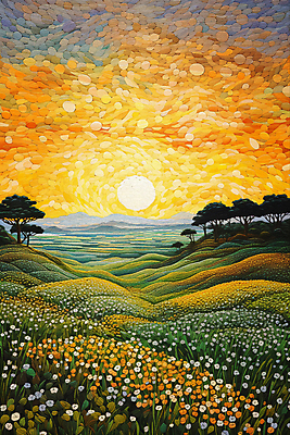 JPG 나무 꽃 백그라운드 꽃밭 일러스트 풍경 초원 사람없음 태양 일몰 풀 점묘화 국내일러스트 AI일러스트 AI콘텐츠 자연요소 식물 미술 노을 파일형식