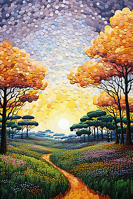 JPG 나무 꽃 길 백그라운드 꽃밭 일러스트 풍경 초원 사람없음 태양 일몰 풀 점묘화 국내일러스트 AI일러스트 AI콘텐츠 자연요소 식물 미술 노을 파일형식