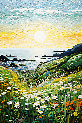 JPG 나무 꽃 바다 백그라운드 꽃밭 일러스트 풍경 초원 사람없음 태양 일몰 풀 점묘화 국내일러스트 AI일러스트 AI콘텐츠 자연요소 식물 미술 노을 파일형식