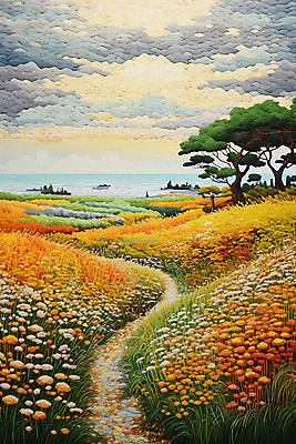 JPG 나무 꽃 길 바다 백그라운드 꽃밭 일러스트 풍경 초원 사람없음 태양 일몰 풀 점묘화 국내일러스트 AI일러스트 AI콘텐츠 자연요소 식물 미술 노을 파일형식