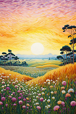 JPG 나무 꽃 백그라운드 꽃밭 일러스트 풍경 초원 사람없음 태양 일몰 풀 동산 점묘화 국내일러스트 AI일러스트 AI콘텐츠 자연요소 식물 미술 노을 파일형식